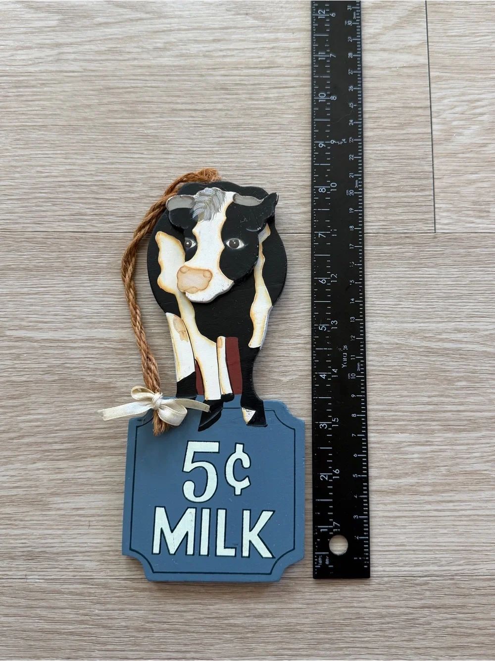 Vintage 5¢ Milk Cow Wooden Wall Hanging Blue Sign Farmhouse Kitchen Dairy Decor